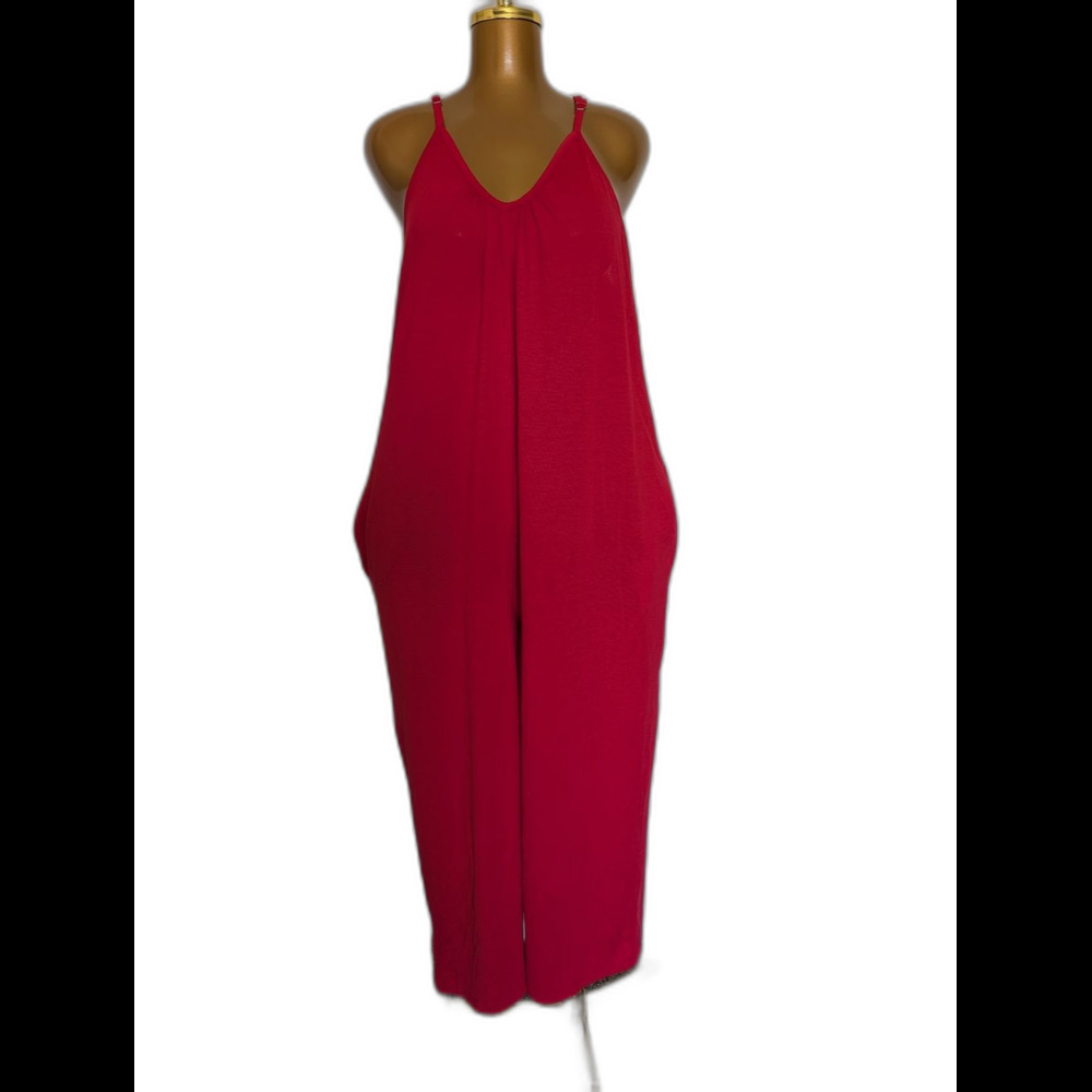 Fantaslook Red Wide Leg Jumpsuit V-Neck Slouchy Harem Romper Pockets Size XL